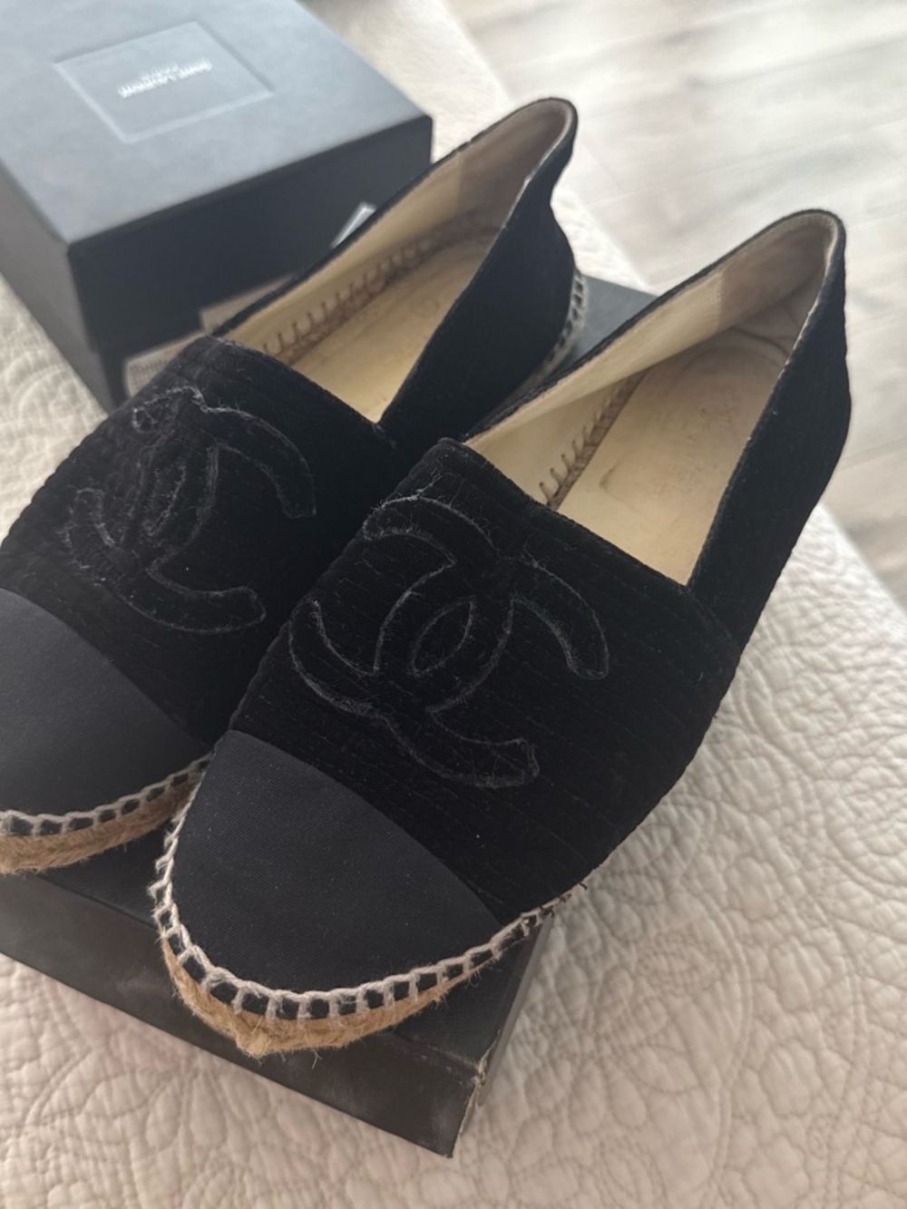 CHANEL Black Velvet & Canvas Espadrilles